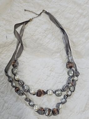 Chicos Elegant Silver and Rose Gold Beaded Satin Necklace - Women Jewelry